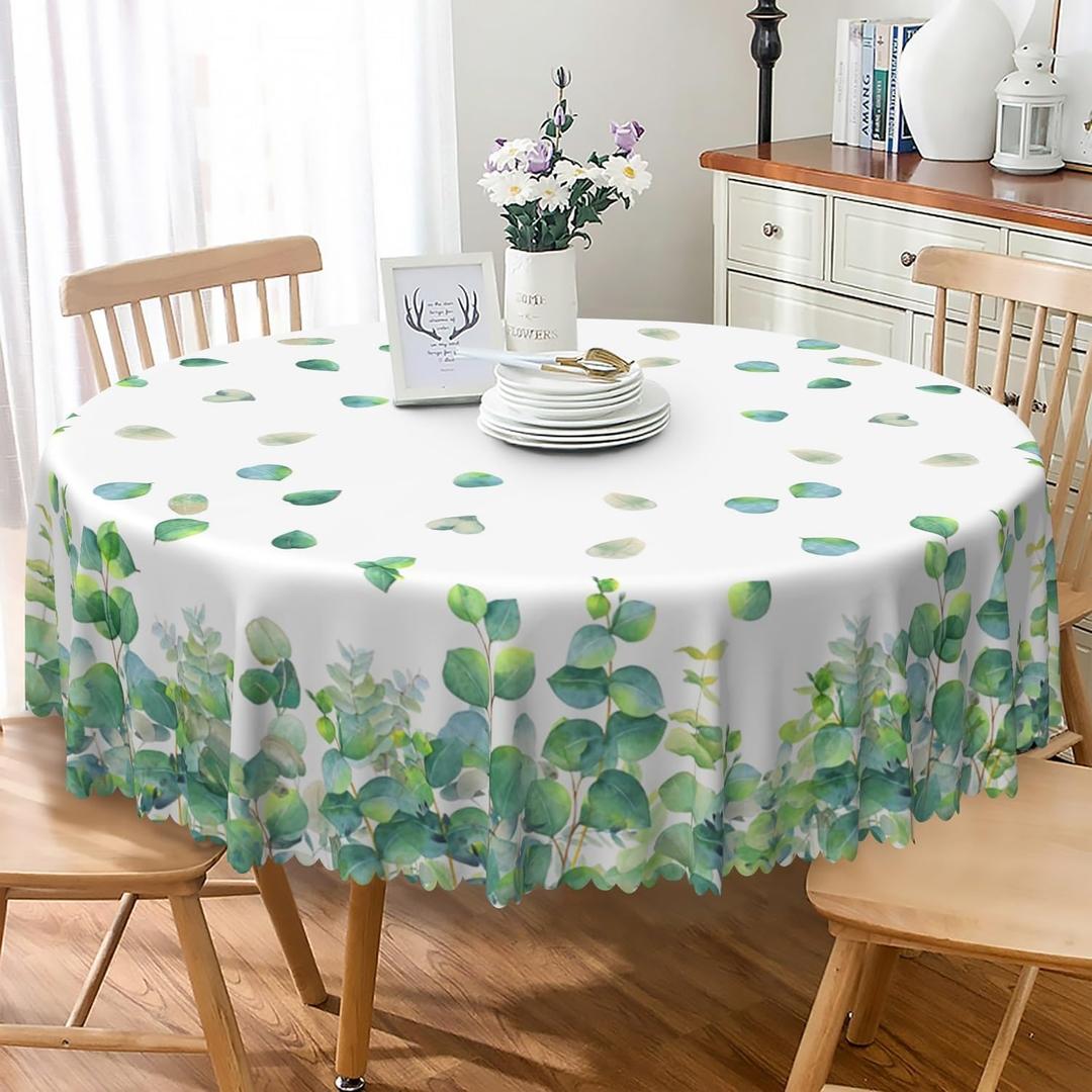Spring Summer Round Tablecloth 36 Inch Watercolor Sage Green Eucalyptus Leaves Circle Table Cloth Washable Polyester Fabric Table Cover for Kitchen Dining Room Indoor Outdoor Home Decor