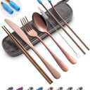Travel Utensils Set with Case Reusable Portable Cutlery Set Stainless Steel 8pcs Including Dinner Knife Fork Spoon Chopsticks straws(Rose Gold)