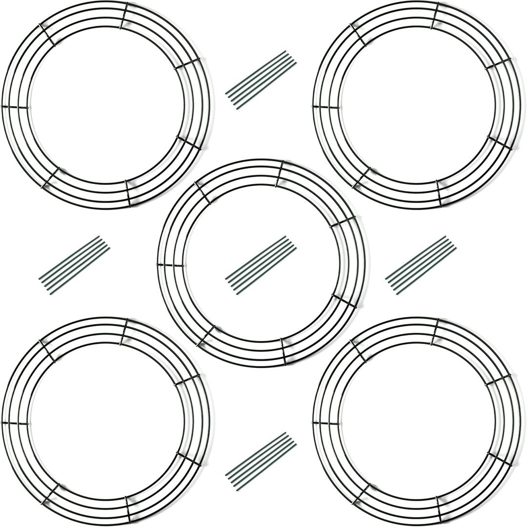 5-Pack 14 Inch Wire Wreath Frame Round Metal Wreath Form with Ring Design for DIY Crafts, Floral Projects, and Home Decor Dark Green Wire Frame for Christmas Holiday & Weddings