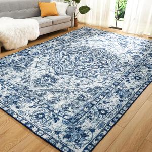 Comeet Vintage 5x7 Non Slip Washable Area Rug, Low Pile Floral Print Indoor Carpet for Living Room, Non Shed Floor Accent Rugs for Bedroom Dining Room Home Office Decor, Updated Blue (5' x 8' (Rectangular))