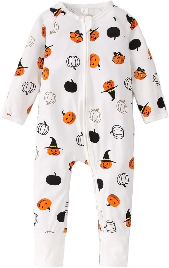 MODNTOGA Halloween Outfit Baby Boy Girl Pumpkin Graphic Romper Long Sleeve Pumpkin Print Jumpsuit Newborn Infant Fall Clothes (White), 80