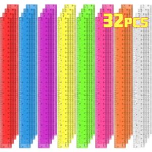 32 Pack Clear Plastic Ruler 12 Inch, Rulers Bulk for Classroom, Transparent Assorted Color Ruler with Centimeters and Inches, Metric Rulers for Kids, Ideal Back to School Office Home Supplies