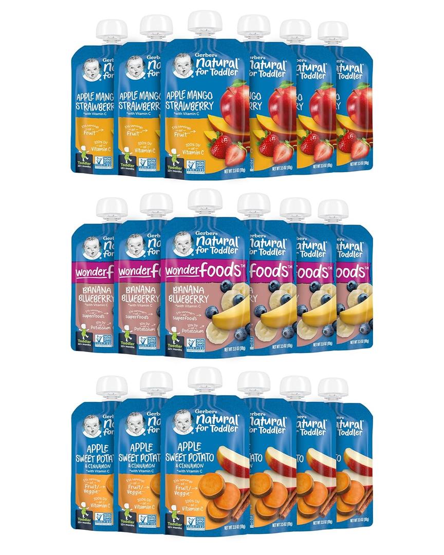 Gerber Baby Food Pouches, Toddler 12+ Months, Assorted Fruit Variety Pack, 3.5 Ounce (Set of 18), Best By 30 Apr
