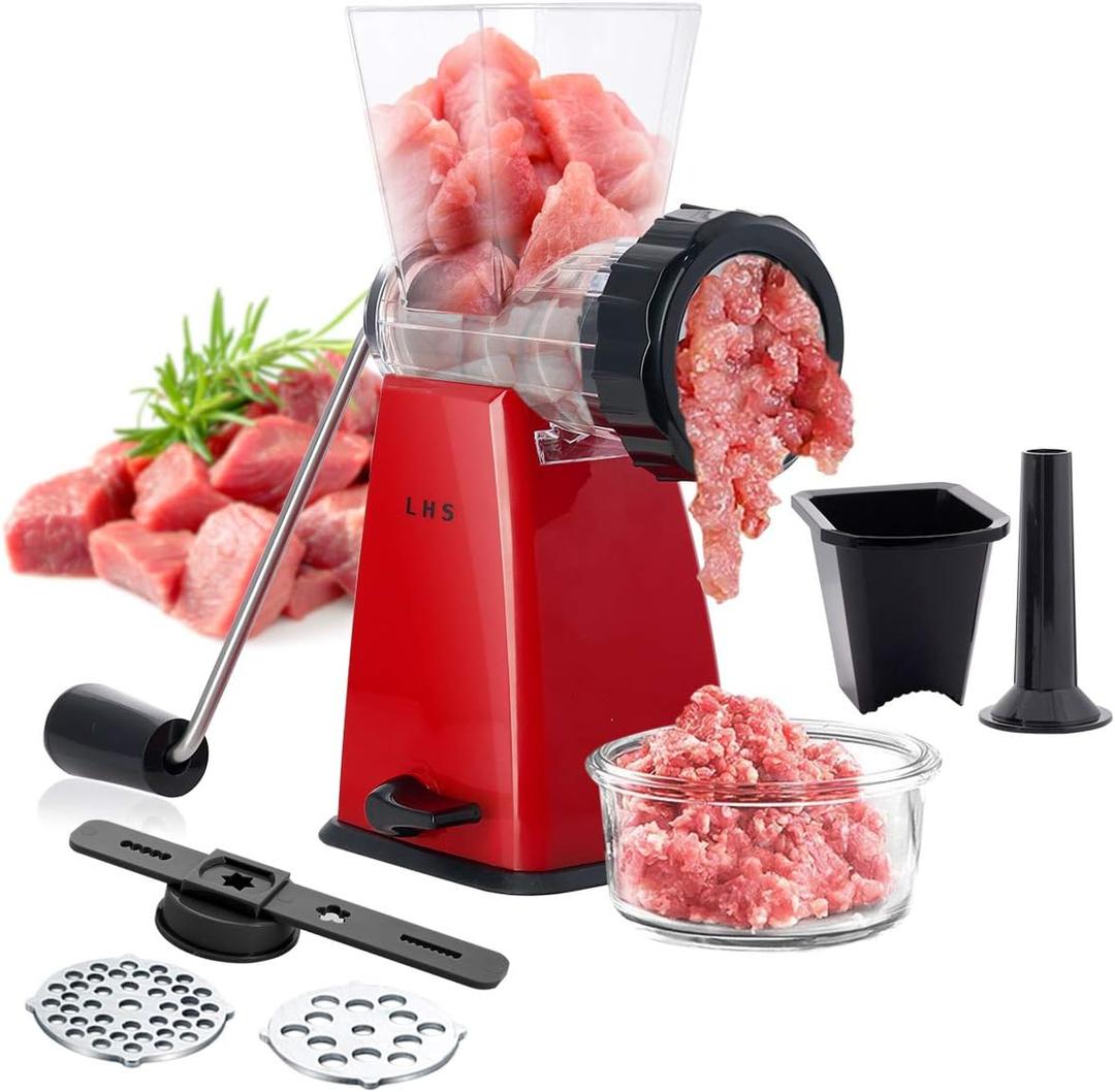 LHS Manual Meat Grinder with Stainless Steel Blades Heavy Duty Powerful Suction Base for Home Use Fast and Effortless for All Meats, Red