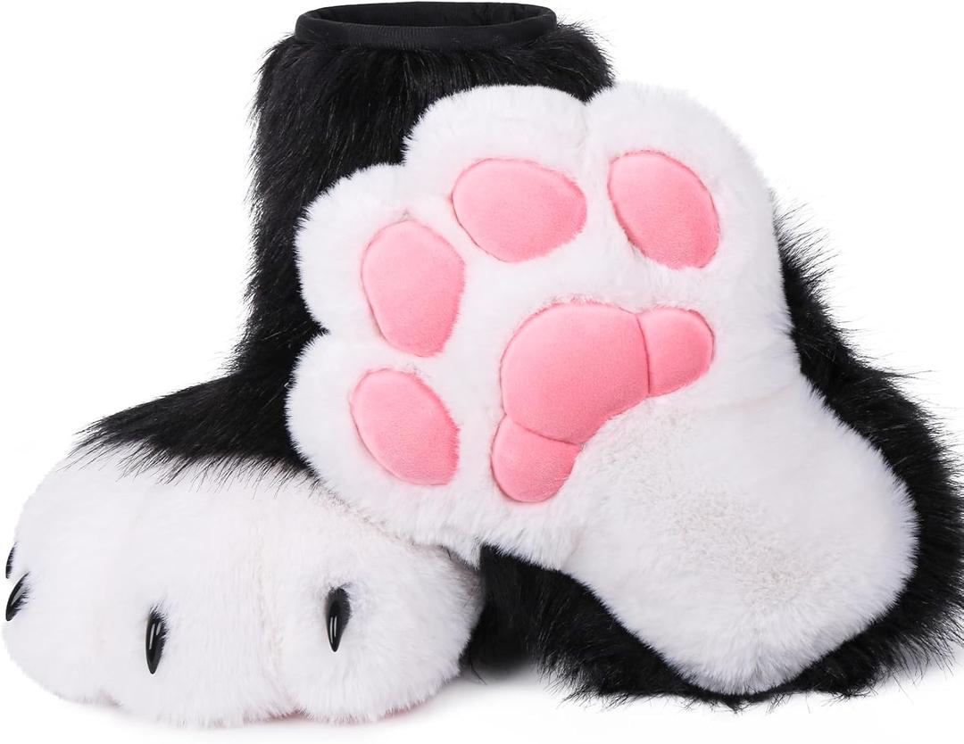 Cosplay Animal Cat Wolf Dog Fox Fursuit Feet Paw Claw Shoes Furry Boots Costume Accessories for Adult (Black-white)