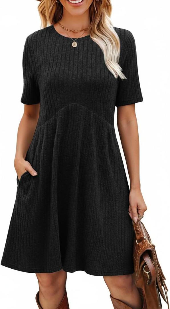 Ulovmi Women's Summer Casual Flowy A-Line Dresses Short Sleeve Ribbed Knit Swing Dress T-Shirt Sundress with Pockets (Black, L)