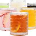 Vintage Glassware Drinking Glasses Set of 6,12 oz Hobnail Glass Cups,Embossed Clear Water Tumbler,for Beer,Cocktail,Whiskey,Juice and Various Mixed Drinks- 1 Cleaning Brush