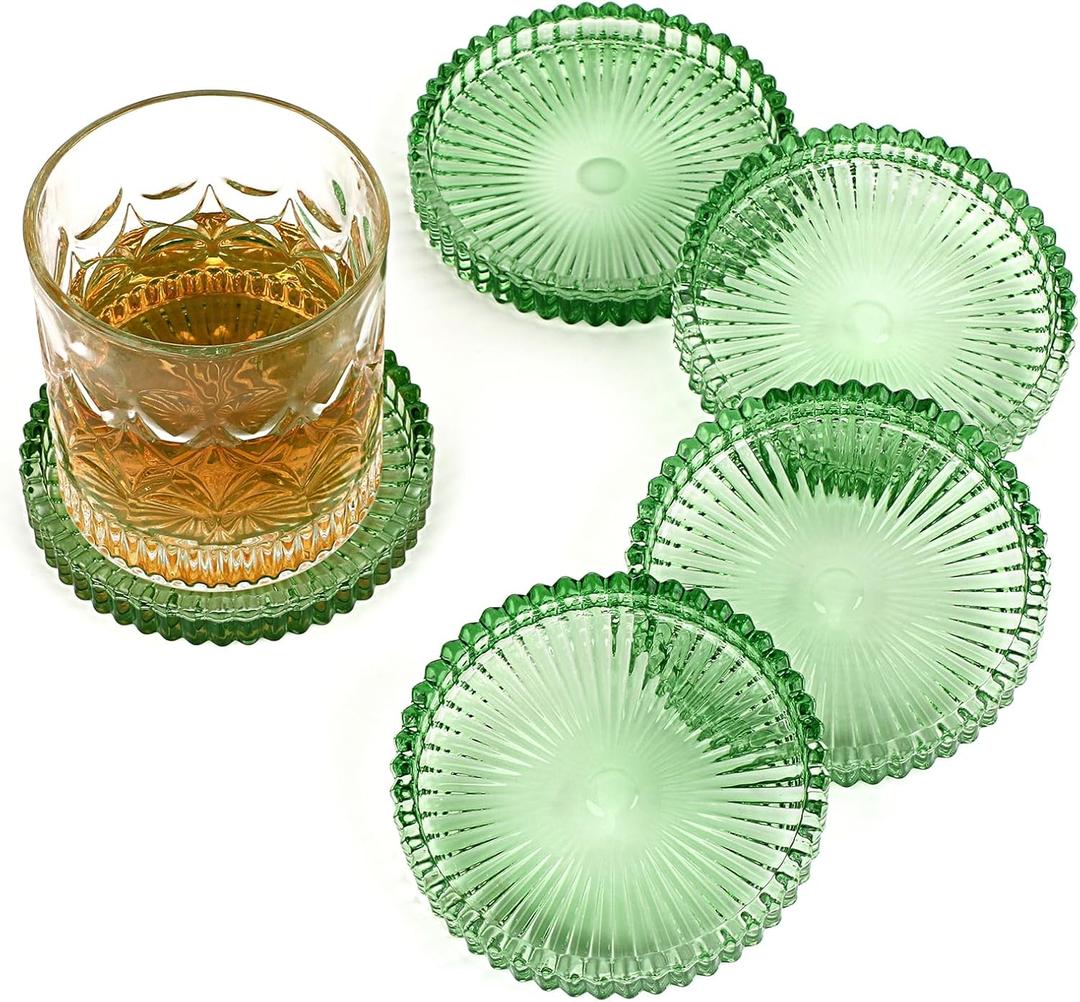 Modern Clear Green Glass Coasters Set of 5 - Round Crystal Coasters for Drinks, Coffee Table Decor