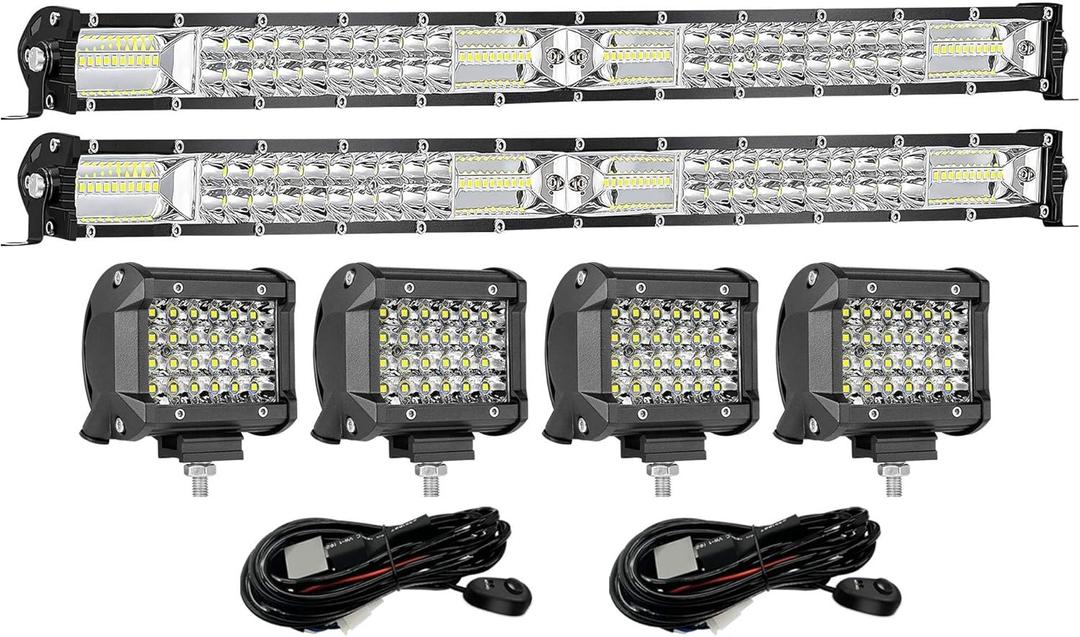 LED Light Bar Kits - 2Pcs 25'' 240W Slim Light Bars, 4Pcs 4'' 72W LED Pod Lights,12V 24V Spot Flood Combo Off Road Driving Fog Lights Wiring Kit for Trucks Tractor ATV UTV Pickup Cart SUV