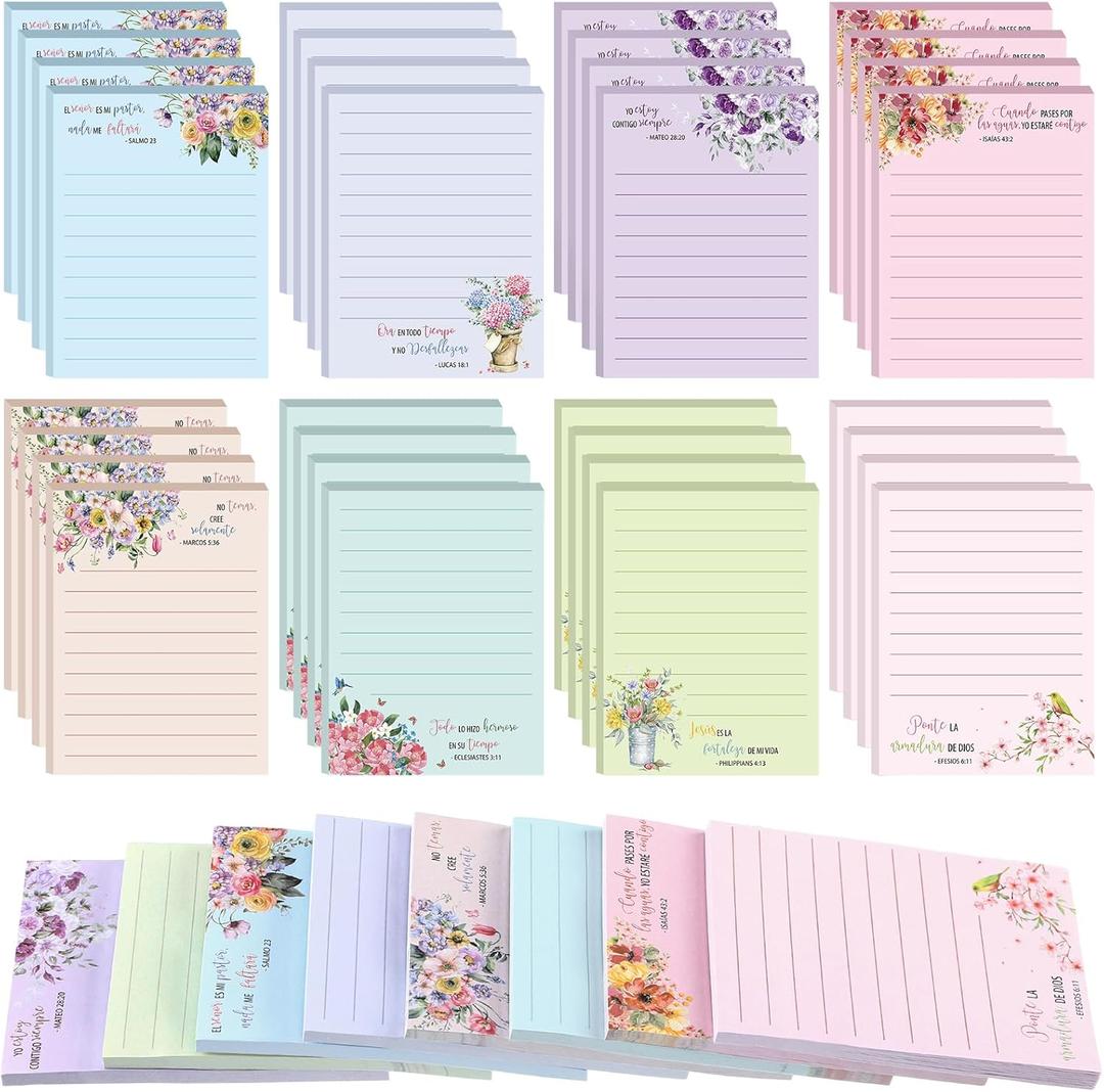 32 Pack 1600 Sheet Spanish Bible Sticky Notes Christian Gifts for Women Mom Mothers' Day Regalos Cristianos Church Memo Pads Floral Self Stick Inspirational Notepads for Writing Diary Lists Schedules