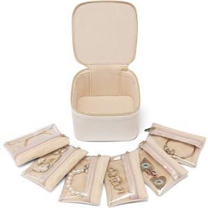 Vlando Teacher Appreciation Gifts,Small Jewelry Box Organizer,Travel Jewelry Storage with 6 Velvet Jewelry Zipper Pockets,Travel Jewelry Case Graduation Gifts Birthday Gifts for Women Girls (White)