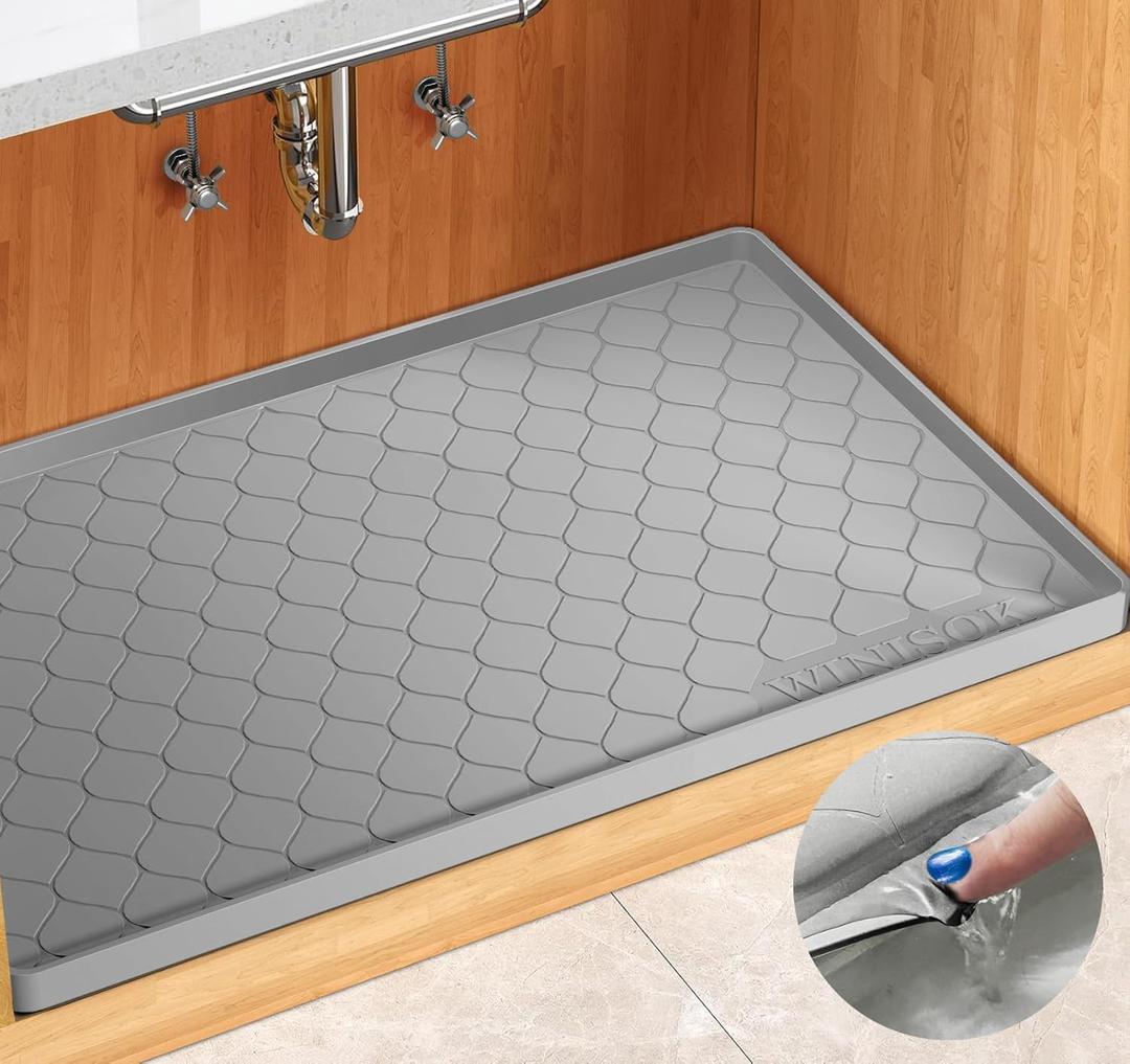 Silicone Under Sink Mat 31" x 22", Kitchen Essentials and Gadgets, Shelf Liner and Cabinet Protector, Home Organizers and Storage, Waterproof Bathroom Tray (Light Gray)