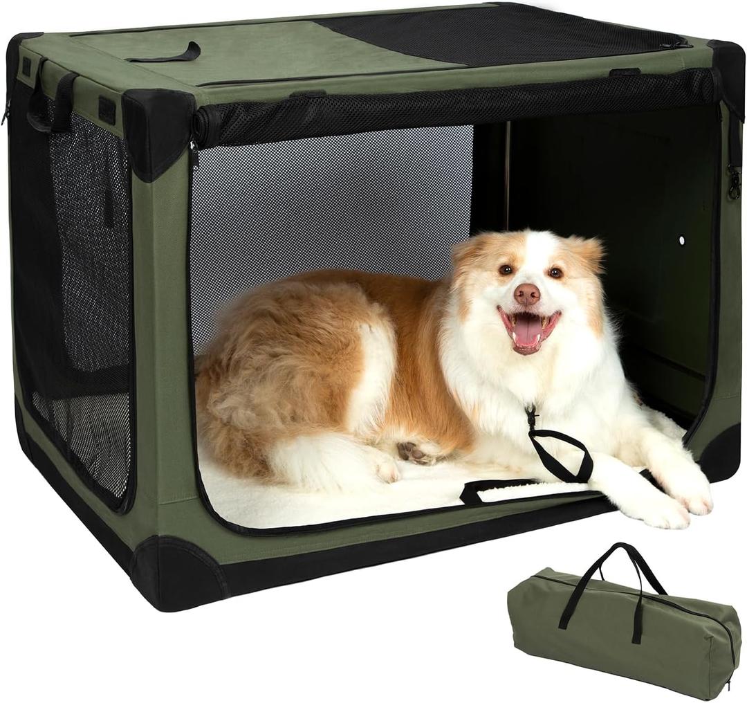 Pettycare Portable Travel Dog Crate 4-Door Soft Sided 36 Inch Collapsible Dog Crate with Curtains Durable Mesh Foldable Pet Kennel Soft Crates for Large Dogs Indoor & Outdoor Olive Green