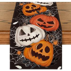Artoid Mode Black Pumpkins Spider Web Halloween Table Runner, Seasonal Fall Kitchen Dining Table Decoration for Home Party Decor 13x90 Inch