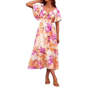 Fashionme Womens Dresses 2026 Maxi Dresses Deep V Neck Elegant Bow Tie Front Cap Sleeve Summer Floral Satin Smocked Dress