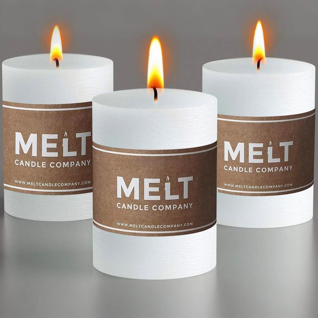 Melt Candle Pillar Candles, 3 Pack - Unscented Candles for Home, Church, Weddings, & More - 3" x 4", White
