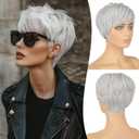 FESHFEN Pixie Cut Wigs Synthetic Platinum Grey Short Pixie Haircut Wig with Bangs Glueless Layered Wavy Granny Gray Wigs for Women Men