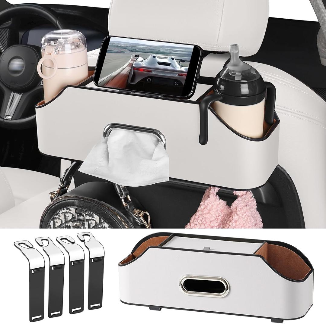 Car Rear Backseat Extra Multifunctional Drink Cup Holder Organizers With Tissue Storage Box Organizer & Hooks For Car Seat Back, White