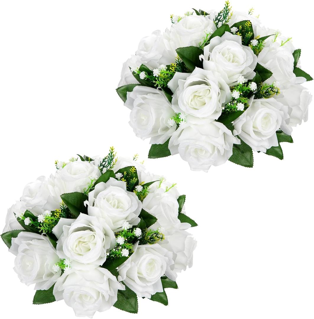Briful Artificial Flower Balls for Table Centerpieces 2PCS 8.6" Silk Rose Floral Arrangement Fake Floral Bouquet for Wedding Parties Baby Showers DIY Event Home Decor(White)
