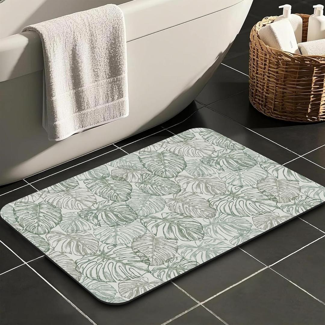 Bathroom Mat, Abstract Green Tropical Palm Leaves Bath Mat for Tub Non Slip, Soft Absorbent Machine Washable Quick Dry Bathroom Rug Bath Rug for Tub Shower Home Decor 17x29 inch