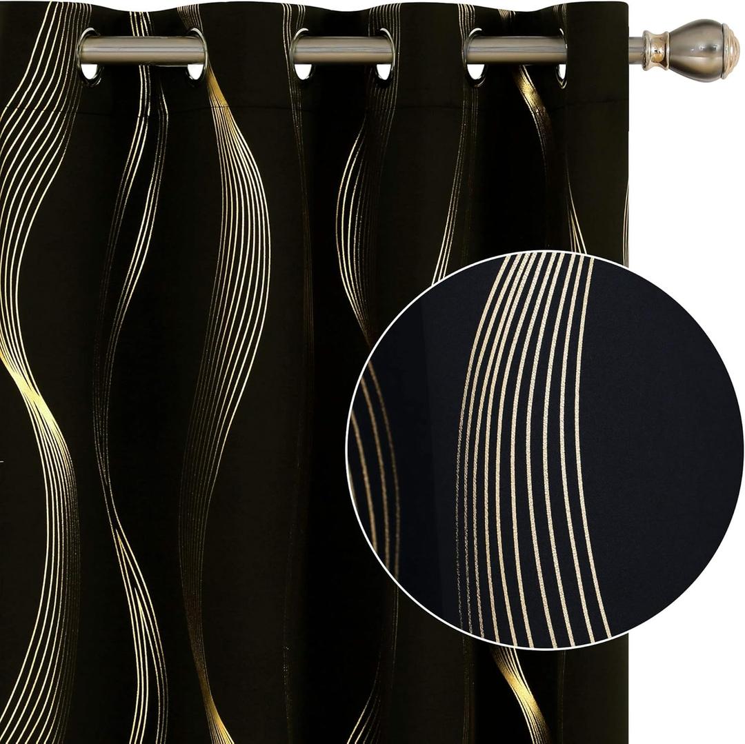 Deconovo Blackout Curtains - Thermal Insulated, Noise-Reducing Window Drapes for Bedroom, Living Room - 2 Panels, Black/Wave, 52W x 45L