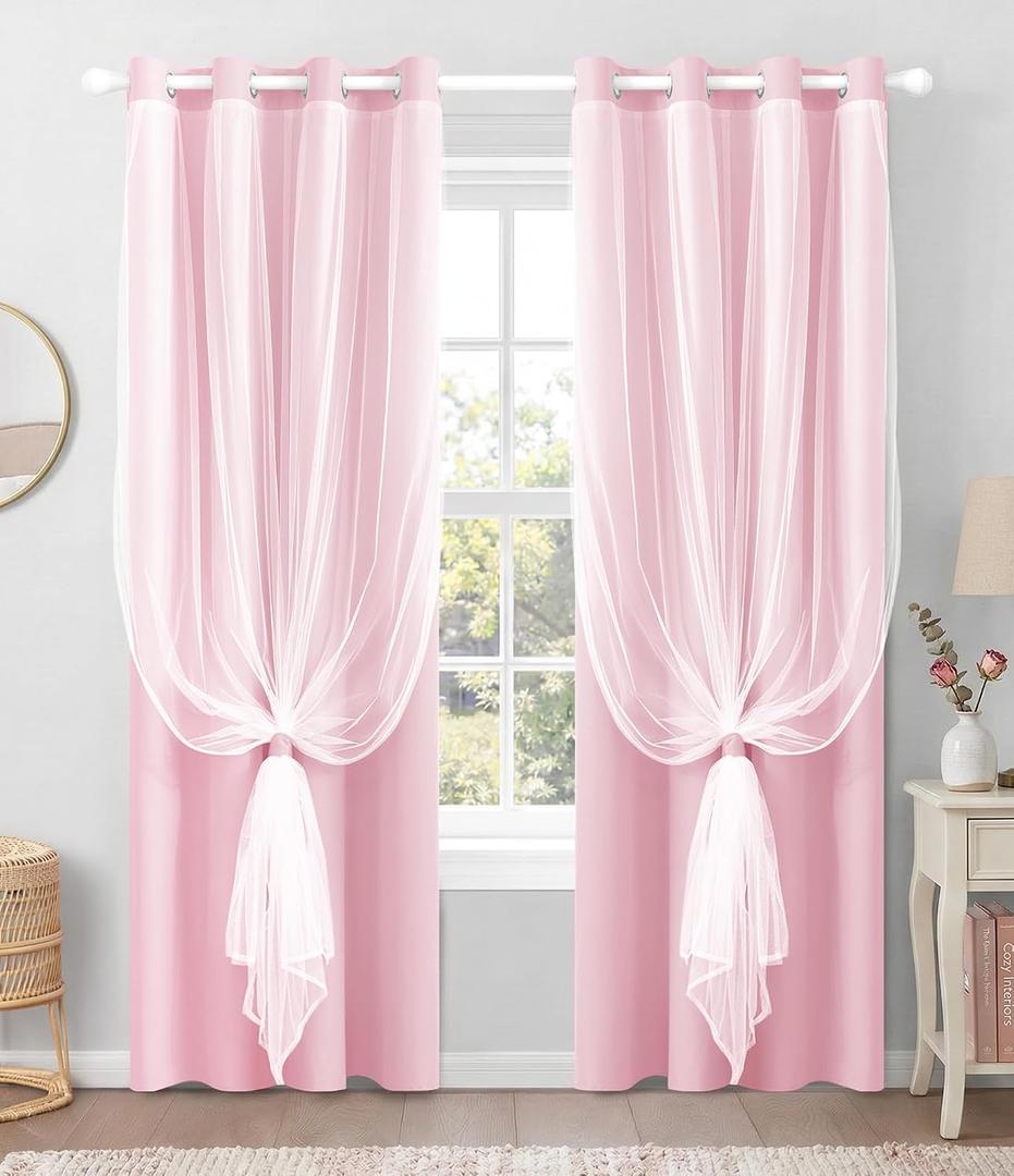 100% Blackout Curtains with Sheer Overlay, 2 Panels Thermal Insulated Double Layer Grommet Drapes for Girls Bedroom Living Room Darkening Apartment Windows Decor, 52" W x 84" L, Pink