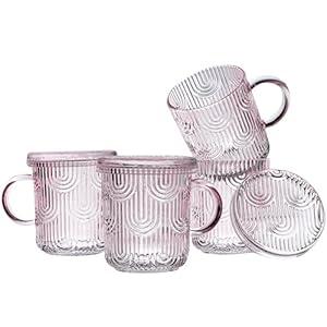 Lysenn Glass Coffee Mugs Set of 4 - Premium Crystal Glass Mugs with Lids Unique Design Coffee Glasses for Tea Latte Cocoa Chocolate - 10 oz, Pink