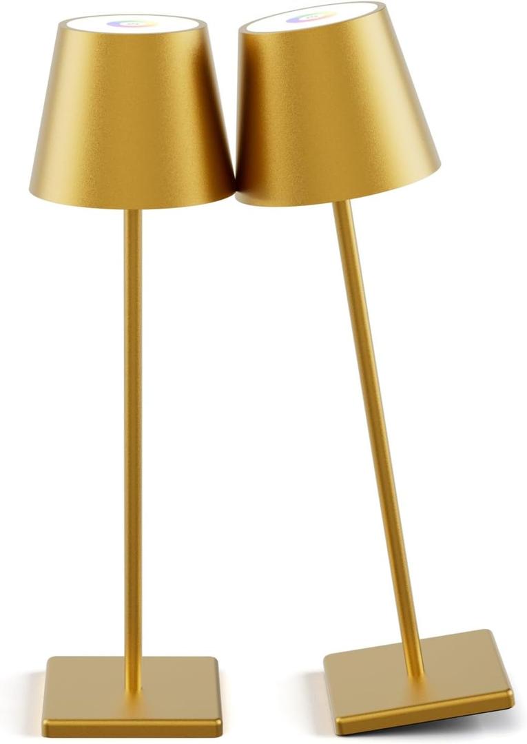 2-Pack LED Cordless Table Lamp 3W 5000mAh Rechargeable Battery Operated Stepless Dimmable Portable Lamp for Restaurant, Bedroom, Outdoor (Gold)