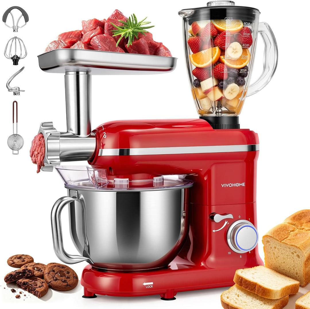 VIVOHOME 3-in-1 Stand Mixer, 6-Quart Tilt-Head Mixer, 10 Speeds, Red
Meat Grinder & Glass Blender Jar, Stainless Steel Bowl, Dough Hook, Beater, Whisk, Splash Guard, Egg Separator