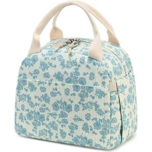 Bluboon Lunch Bag for Women Men Cute Corduroy Lunch Tote Bags Reusable Insulated Lunch Box Large Capacity Reusable Insulated Cooler for Work Picnic or Travel (Medium (10L), Corduroy Blue Flower 202)
