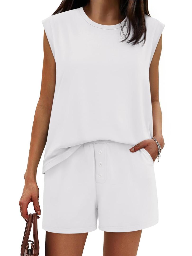 Tankaneo Womens 2 Piece Summer Outfits Casual Crewneck Sleeveless Tank Tops and Shorts Lounge Matching Sets, White, Small (White, S)