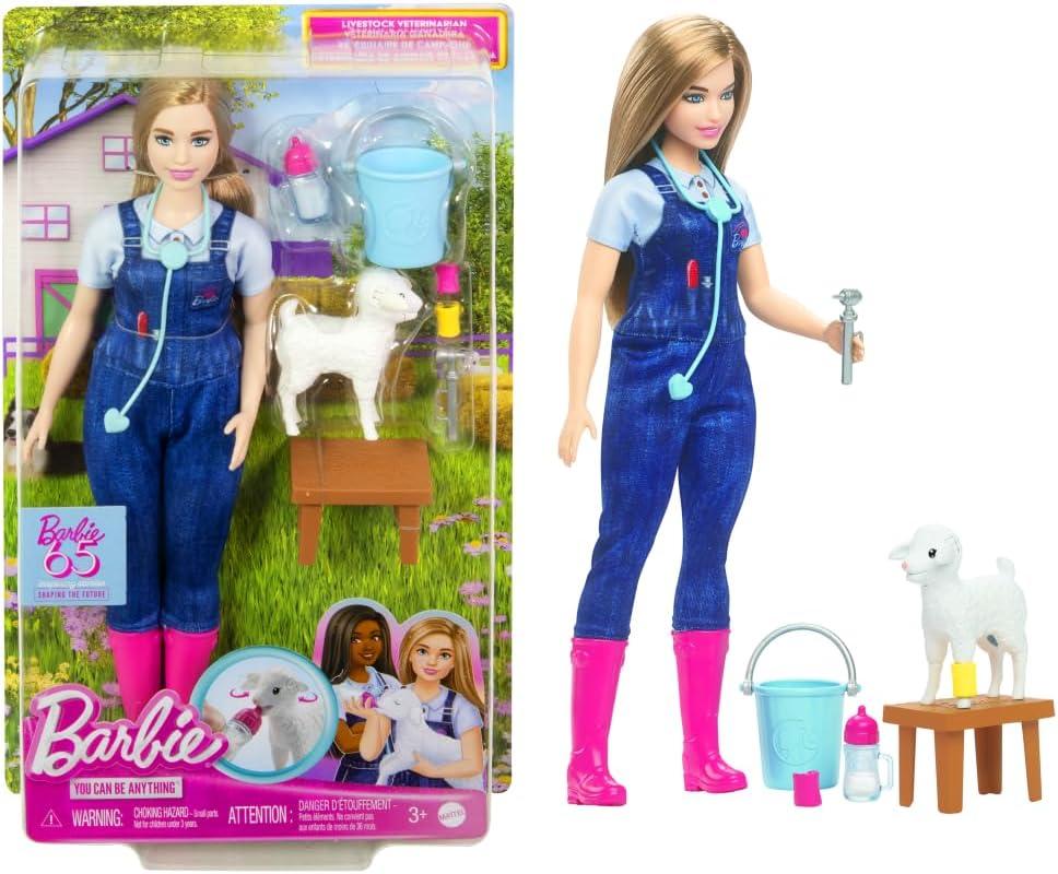 Barbie 65th Anniversary Doll & 10 Accessories, Farm Veterinarian Set with Blonde Vet Doll, Lamb with Moving Ears & More (Pink)