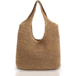 Hand-woven Soft Large Straw Shoulder Bag Boho Straw Handle Tote Retro Summer Beach Bag Rattan Handbag Beige/Khaki