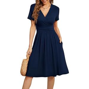 WEACZZY Women's Summer Short Sleeve Casual Dresses V-Neck with Pockets, Navy Blue,XL 