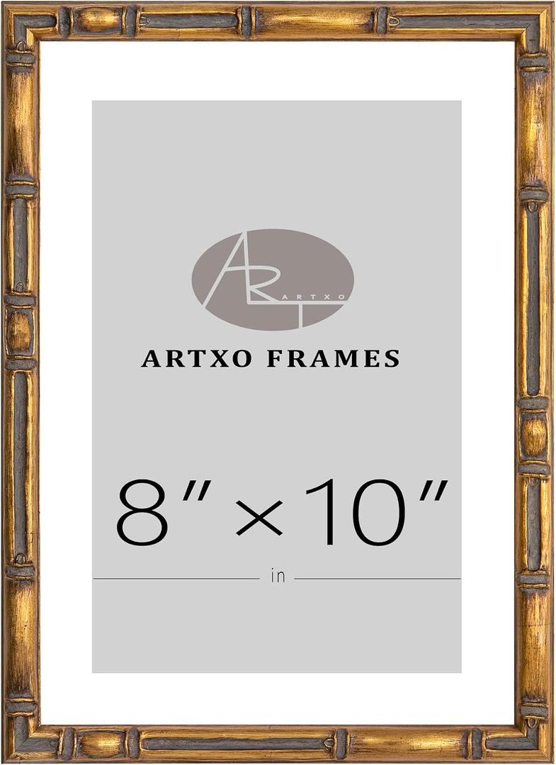 ArtXO 8"x10" Picture Frame Wooden, Display Pictures5 x7 with Mat or 8"x10" Without Mat,Gold Bamboo Poster Frames,Hanging Photo Frame Wall