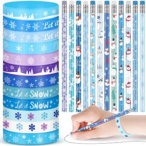 Sabary 48 Pcs Christmas Pencils Silicone Bracelets Set Christmas Party Favors Candycane Plaid Snowman Santa Tree Snowflake Pencils Xmas Wristbands Gifts(Snowflake,7.48 Inch Pencil)