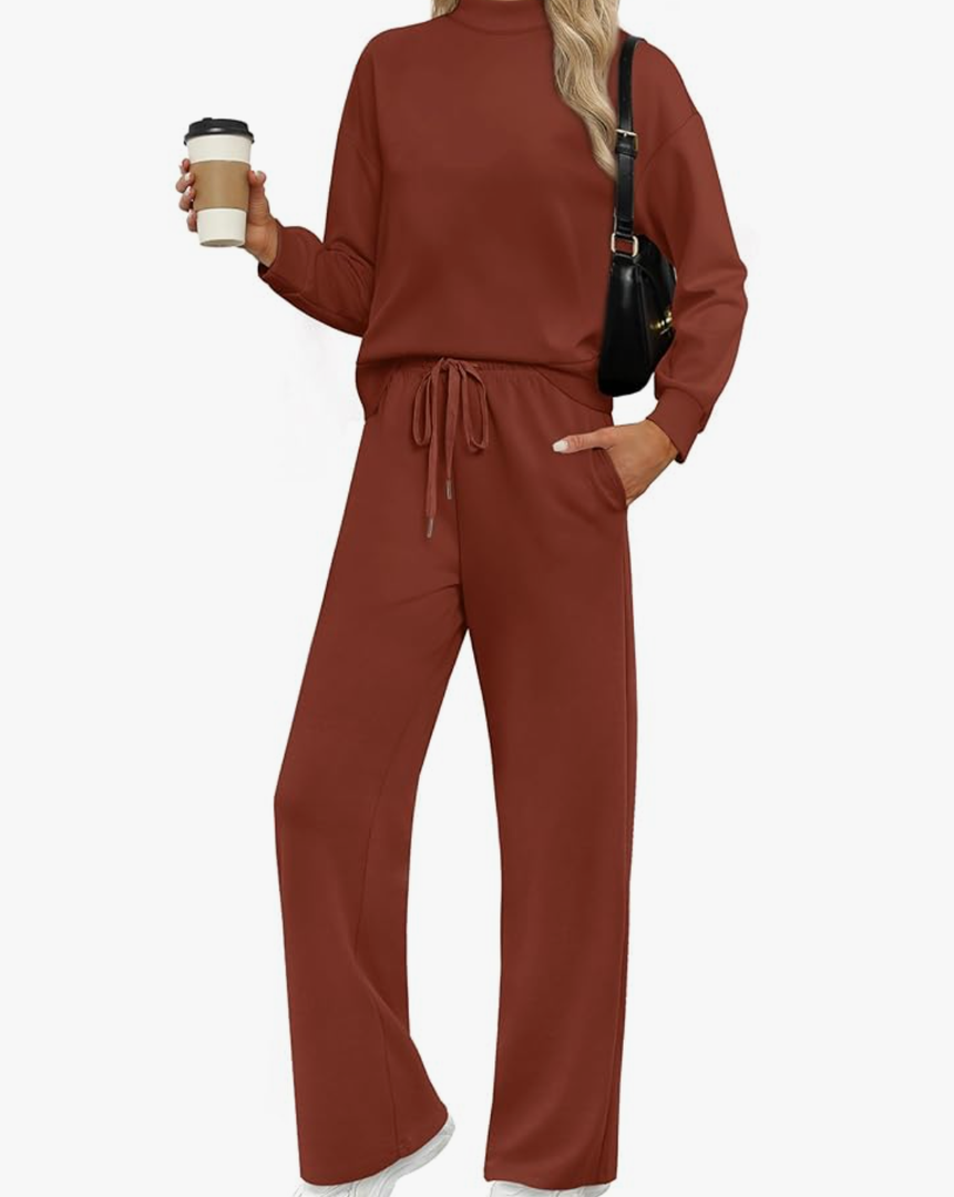 WIHOLL Two Piece Sets for Women Fall Outfits Lounge Sets Mock Neck Tops Wide Leg Pants Vacation Travel Airport Outfits L