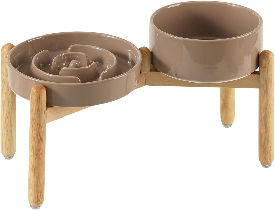 Havniva Ceramic Raised Slow Feeder Dog Bowl Set, Elevated 7.3inch Bowl and 8.2inch Puzzle Slow Dish with Wooden Stand for Medium and Large Dog, Anti-Gulping (2X Brown Coffee+ Stand)