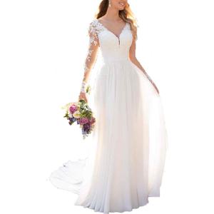 Findlovewedding Wedding Dresses for Bride with Lace Appliques Chiffon A Line Women Dress Long Sleeves Beach Bride Dress (White), Size 6