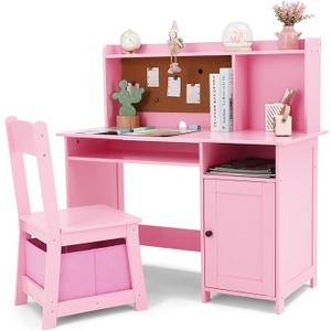 JOYLDIAS Children's Wooden Desk, Children's Desk with Chair, Multifunctional Children's Learning Table with Shelves and Storage Space, Pink JOYLDIAS Children's Wooden Desk, Children's Desk with Chair, Multifunctional Children's Learning Table with Shelves and Storage Space, Pink