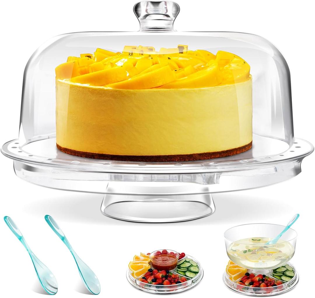 Cake Stand with Dome Lid,6 in 1 Cookie Platter & Snack Bowls,Large Serving Plate Platter with lid - Wedding Birthday Parties, Dessert Displays & Family Gatherings