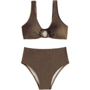 SOLY HUX Women's 2 Piece Bikini Set Ring Linked High Waisted Textured Bathing Suit Swimwear Plain Coffee Brown Large