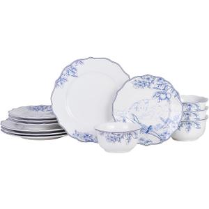 222 Fifth Hudson Valley 12-Piece Porcelain Dinnerware Set – Service for 4, Plate & Bowl Set, White with Blue Floral and Fauna Traditional Design, for Daily Dining, Microwave & Dishwasher Safe