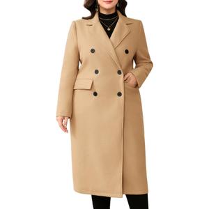 ZOMVA Women's Plus Size Wool Pea Coat Double Breasted Notch Lapel Collar Fall Winter Classic Long Trench Coat (Camel)