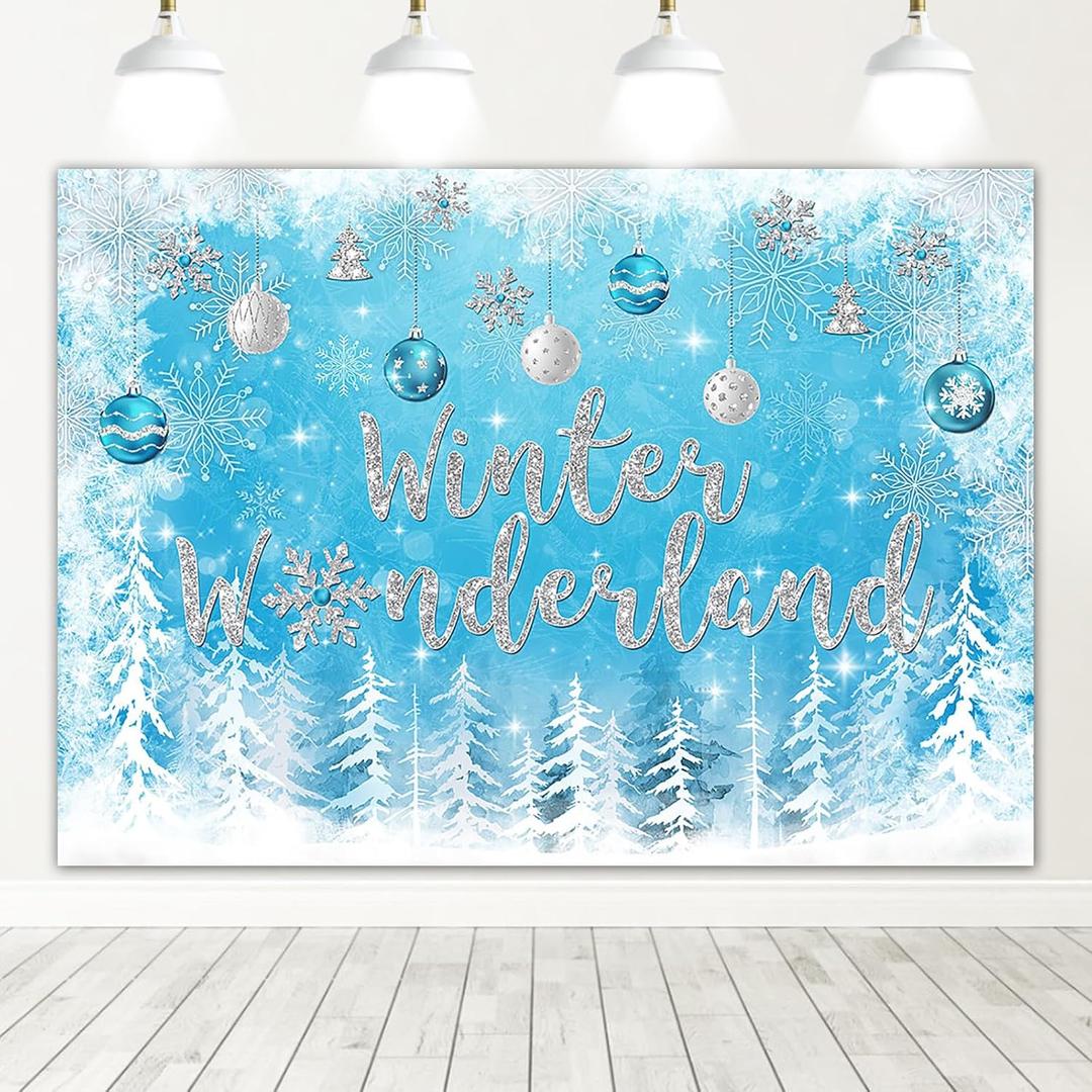 Mocsicka Winter Wonderland Backdrop Blue Winter Wonderland Christmas Photography Background Winter Wonderland Birthday Baby Shower Party Decorations Photo Studio Props (Blue, 7x5ft)