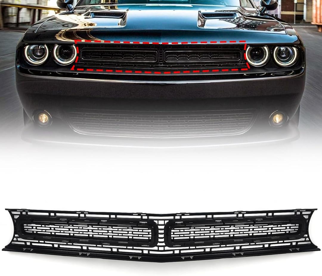 Front Upper Grille Compatible with Dodge Challenger 2015 2016 2017 2018 2019 2020 2021 2022 Matte Black Grill with Black Molding 68262955AD CH1200390