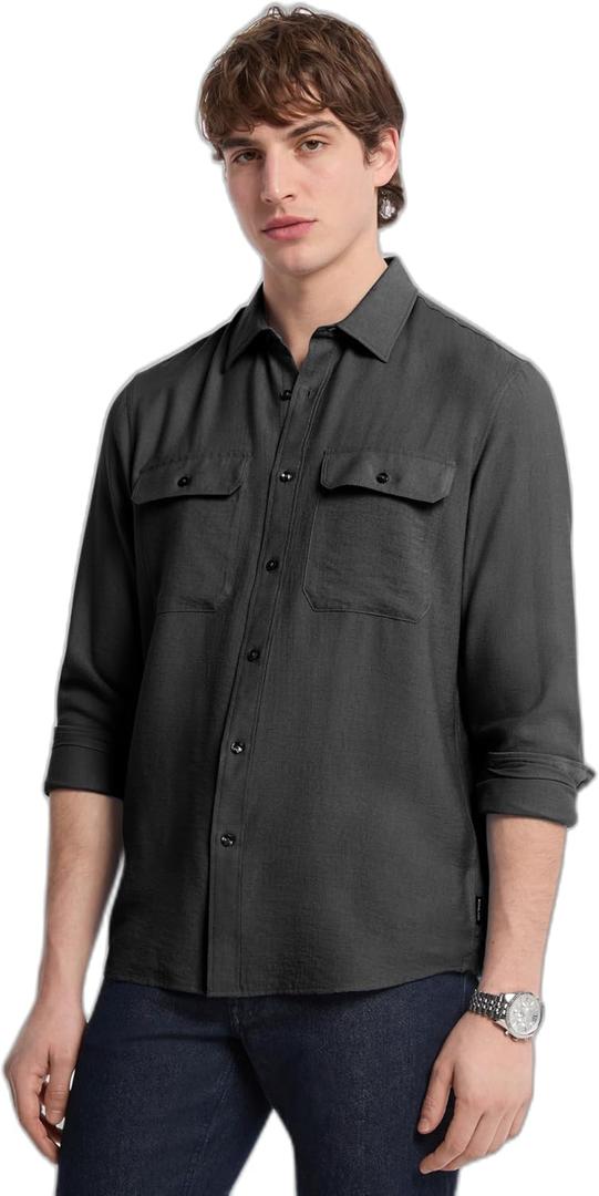 Michael Kors Mens Long Sleeve Two Pocket Crepe Shirt (Large, Black)