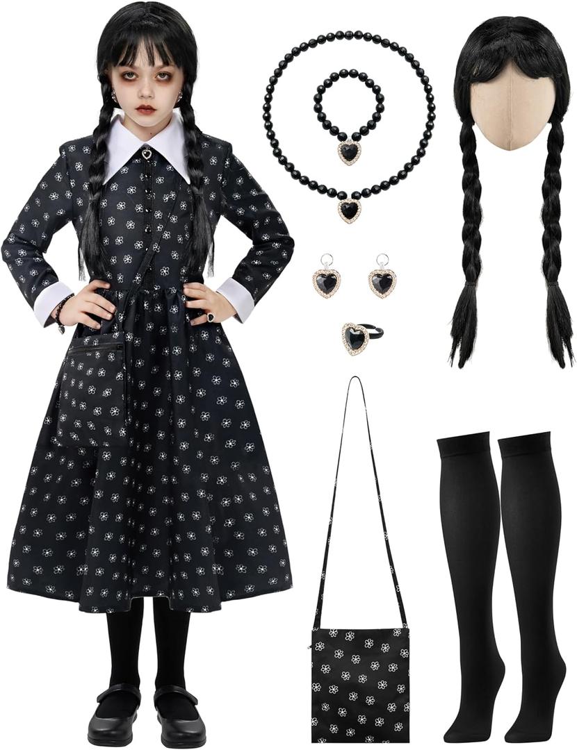 Spooktacular Creations Girls Halloween Black Costume, Black Floral Print Dress with Wig and Stocks for Kids Halloween Dress ((Small(5-7 yrs)))