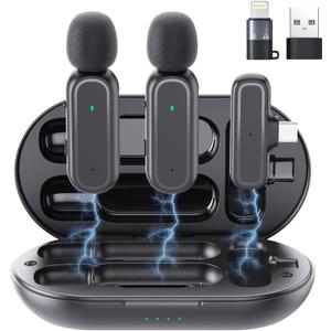 2 Pcs Wireless Lavalier Microphone for iPhone iPad Android PC, Mini Microphone with Charging Case 8H, USB-C Clip-On Mics for Vlogging, TikTok, YouTube, Video Recording, Noise Reduction, 65ft