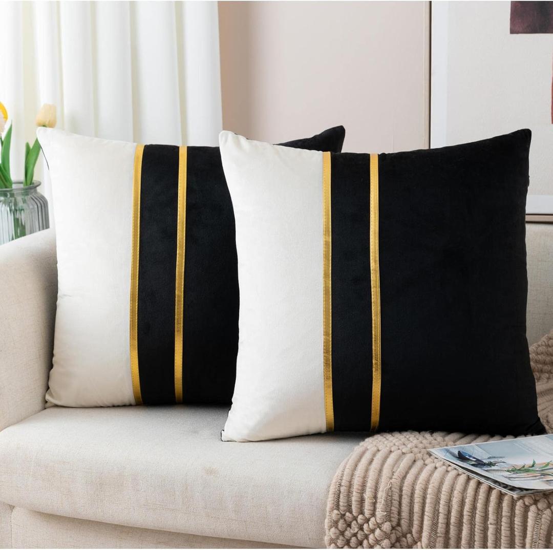 ZLINA Set of 2 Velvet Decorative Throw Pillow Covers Black White Patchwork with Gold Leather Pillow Covers 18  18 Inch Cushion Covers Decor Living Room Sofa Bedroom Car